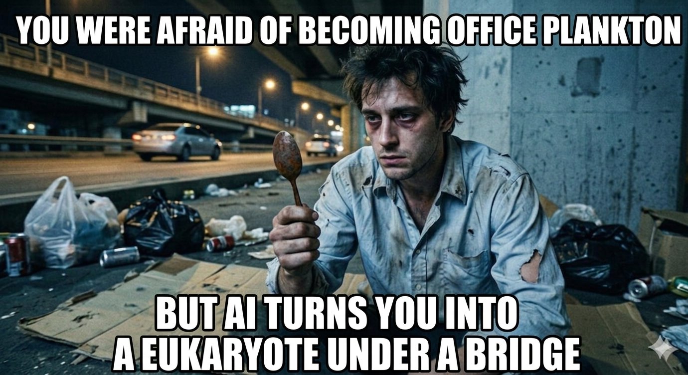 You were afraid of becoming office plankton, but AI turns you into a eukaryote under a bridge